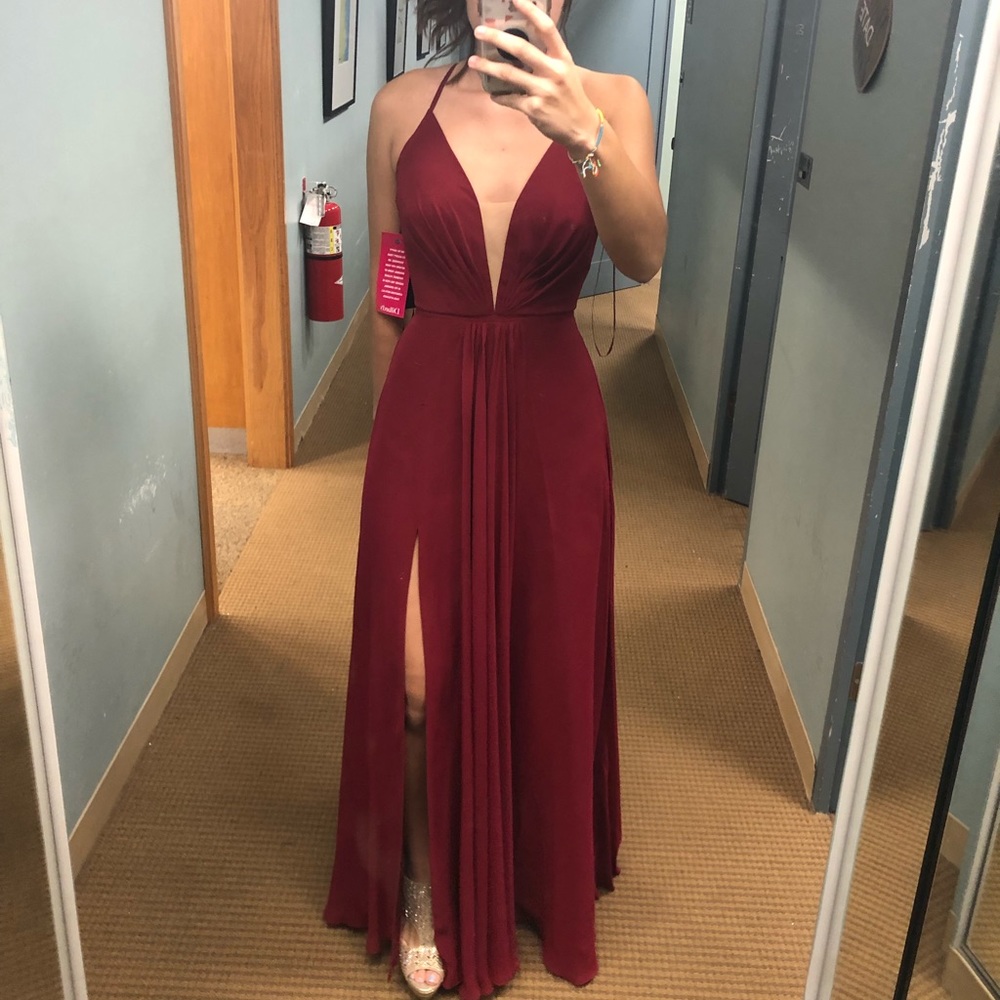Betsy & Adam Burgundy Prom Dress